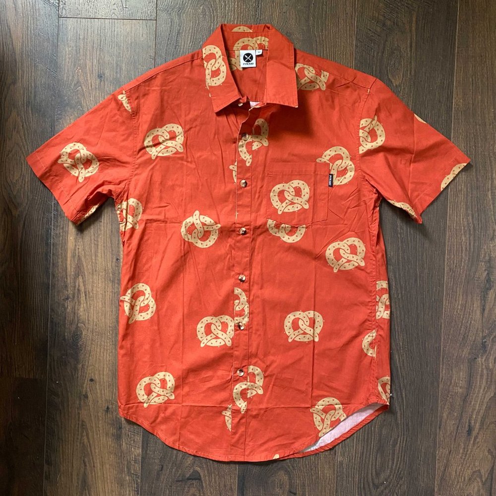 Pyknic Don't Get It Twisted Pretzel Button Up Short Sleeved Shirt Hawaiian Tiki